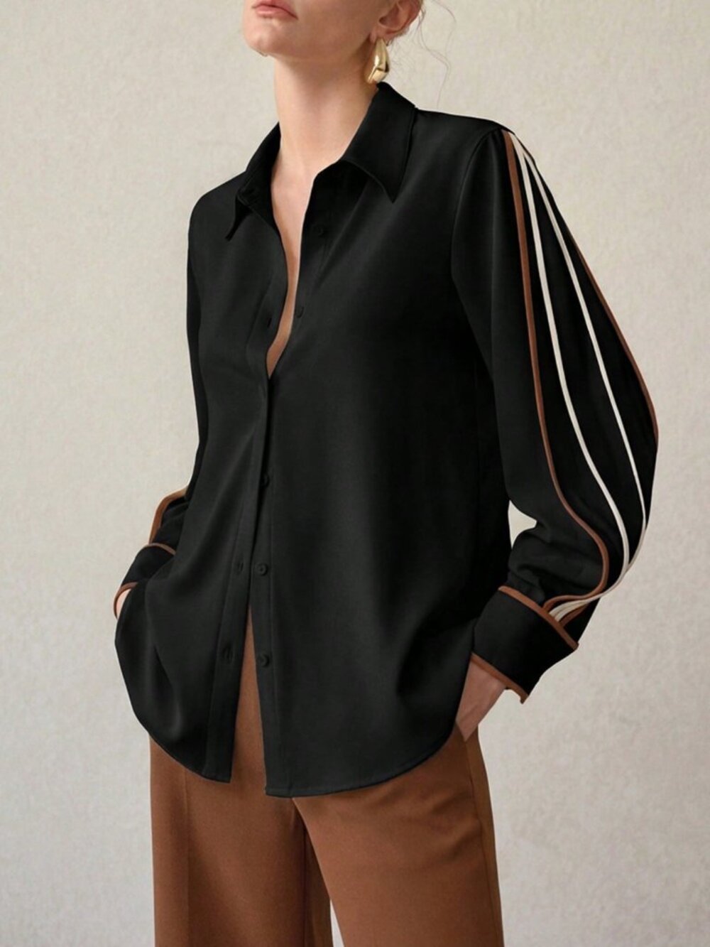 Black Casual Women's Minimalist Elegant Contrast Trim Shirt